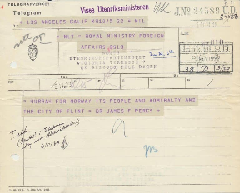 Telegram fra USA datert 05.11.1939. Arkivreferanse: Riksarkivet, Utenriksdepartementet, Arkivnøkkel 38D Nøytralitetskrenkelser, eske 9052, mappe 3/39 bind I