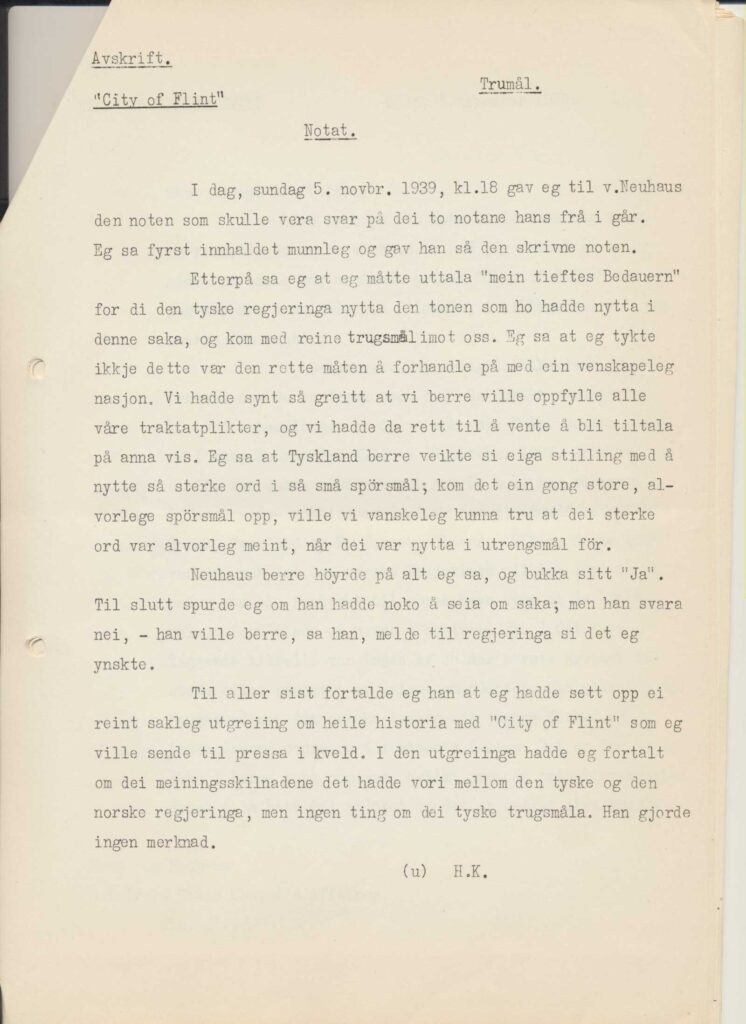 Halvdan Kohts notat etter samtale med mrs. Harriman 5.11.1939