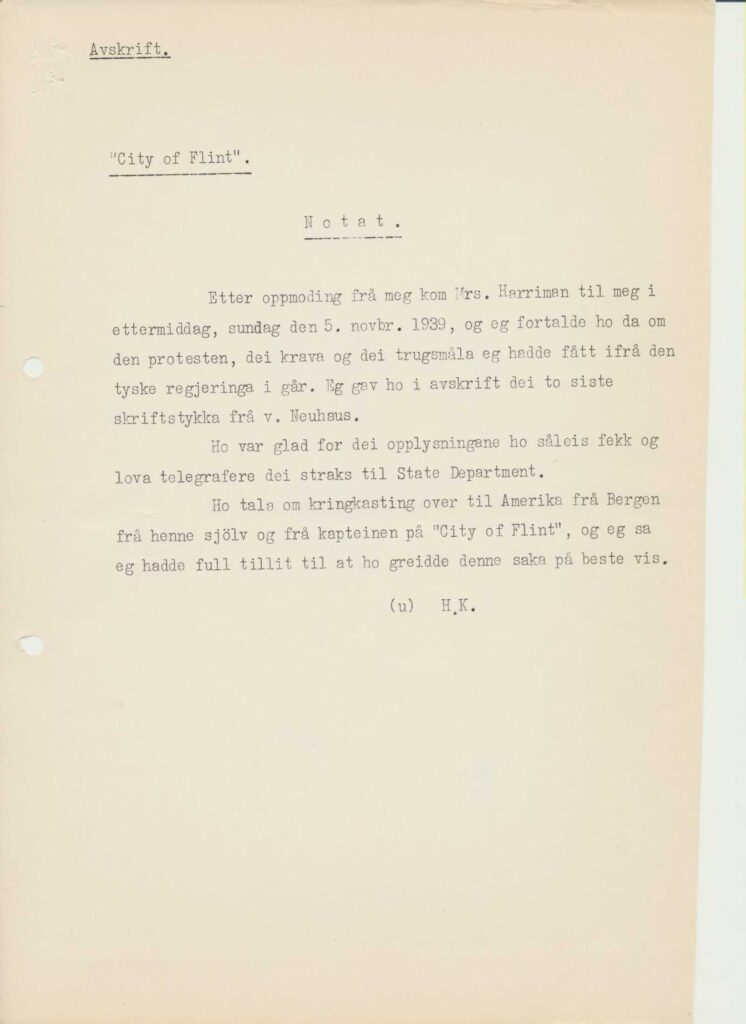 Halvdan Kohts notat etter samtale med mrs. Harriman 5.11.1939
