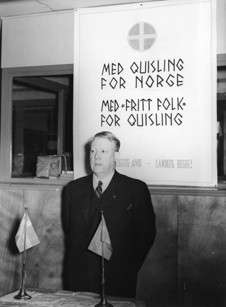Fritt Folk februar 1941. Bedriftsmøte der Quisling var til stede (Arkivverket/Riksarkivet/NTBs krigsarkiv/RA/PA-1209/U/Ue/L0094).
