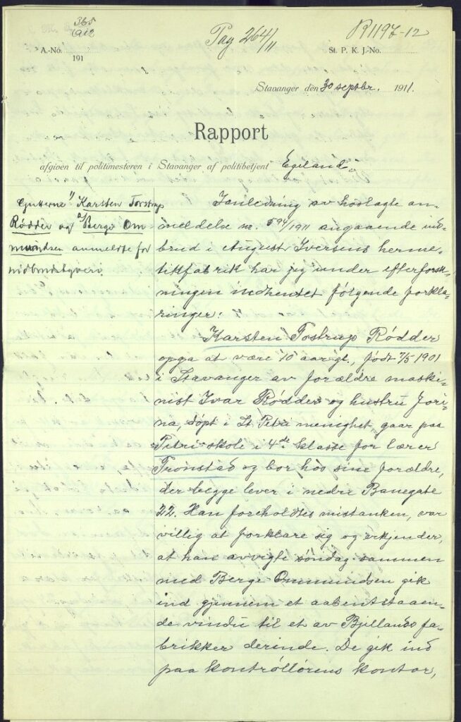 First page of police interrogation report – Stavanger, September 1911, case against Karsten Rødder and Berge Ommundsen for burglary.