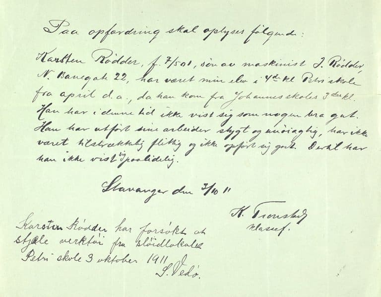 Teacher Karl Tronstad’s statement about Karsten Rødder – Stavanger, October 1911.