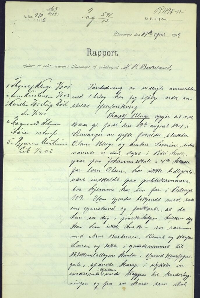 First page of police report – attempted theft at Stavanger Tin Packaging Factory, April 1912, by Karsten Rødder and four other boys.