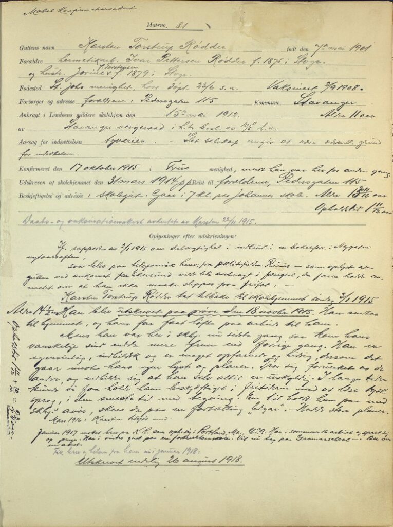Pupil ledger entry for Karsten Rødder – Lindøy Reformatory School, 1912.