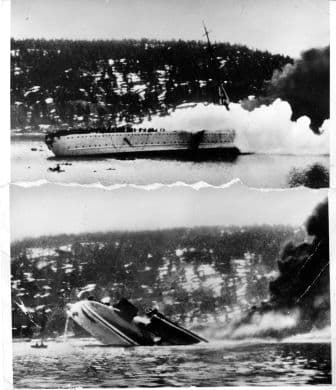 Todelt sort hvitt fotografis som viser Blücher på absolutt siste reis, på vei mot bunnen av Drøbaksundet etter nådestøtet fra Oscarsborgs topedobatteri. Akterstevnen ligger i dag på ca. 60 meters dyp, Baugen på vel 90 meter. April 1940