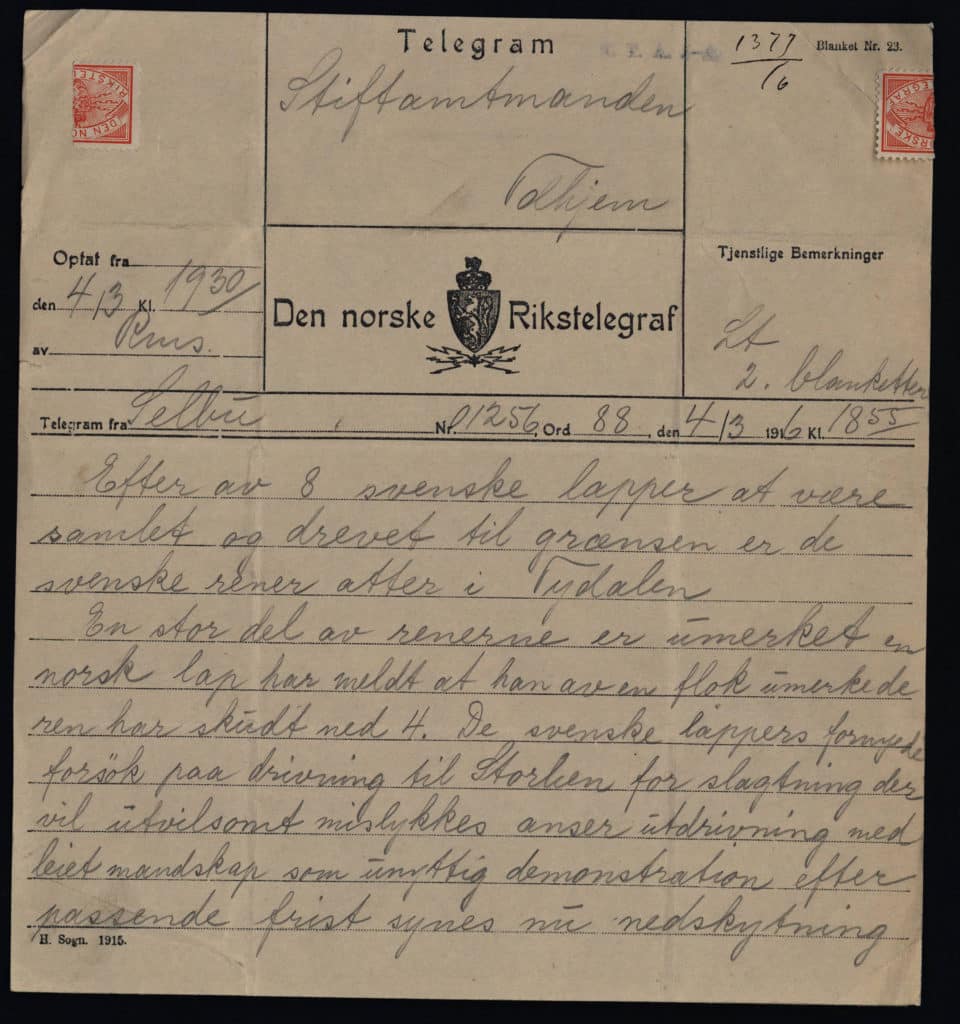 Telegram fra landbruksdepartementet til lensmannen i Hattfjelldal i 1910. Angående svensk rein. Reindriftsforvaltningen Nordland, korrespondanse Da01. Statsarkivet i Trondheim.