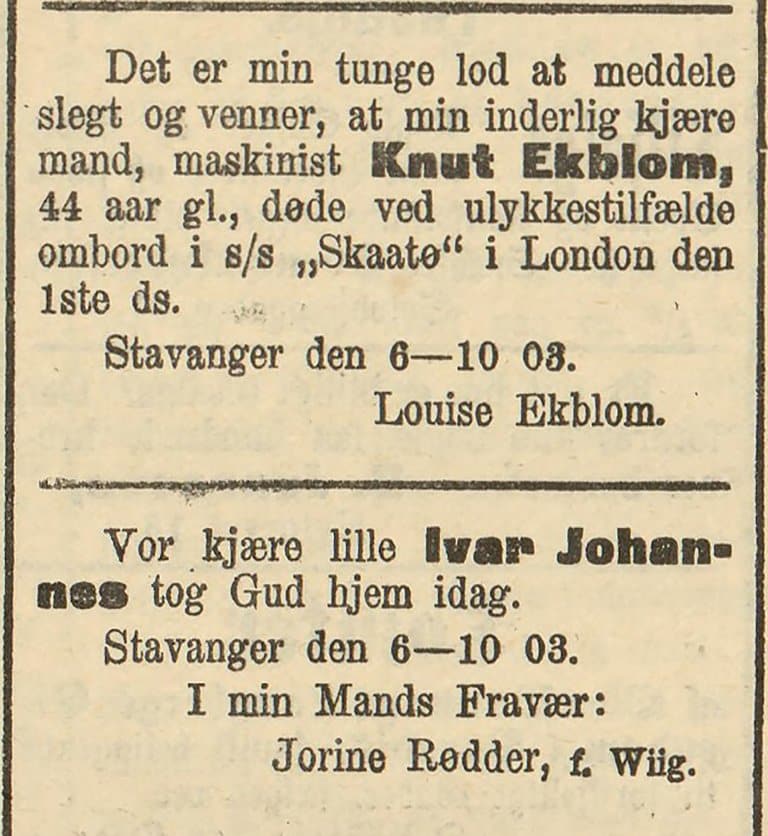 Dødsannonser fra Stavanger Aftenblad 6. oktober 1903 – familien Rødder opplever tap av barn og sjømannsulykke.