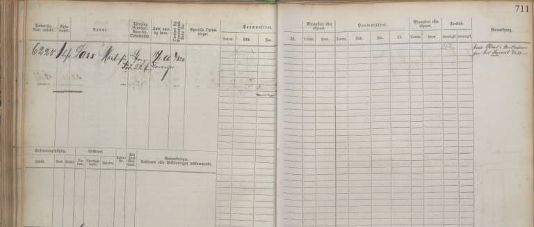 Utsnitt fra sjøfartshovedrullen som viser Lars Markussens innførsel og notatet om at han rømte fra skipet Favorit i 1887.