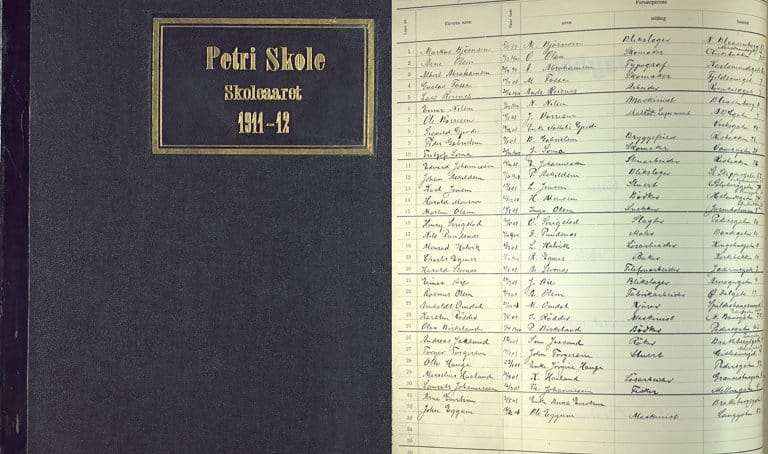 Karakterprotokoll fra Petri skole 1911–1912 – dokumenterer Karsten Rødders resultater og oppførsel.
