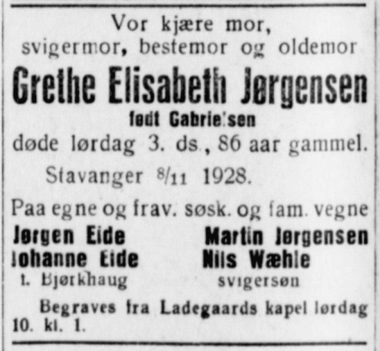 Dødsannonsen for Grethe Elisabeth, mor til Lars Markussen, fra Stavanger Aftenblad 8. november 1928.