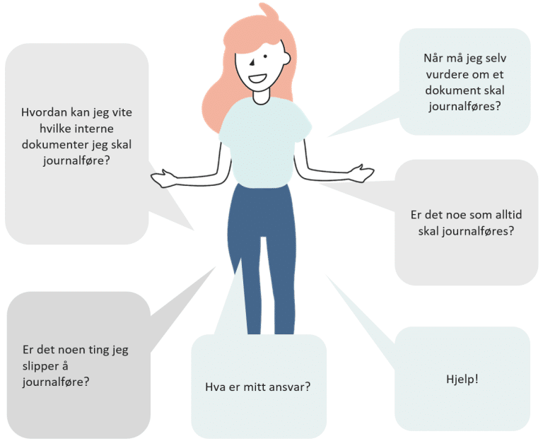 Offentlig ansatt med mange spørsmål om journalføring (illustrasjon).