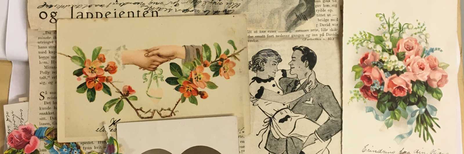 Romantikk: En dame i 30–40 års alderen falt fullstendig for presten. Hun sendte ham derfor både brev, kort og dikt. I tillegg fikk han avisutklipp, glansbilder og postkort med romantisk innhold. Foto og sladding: Statsarkivet i Bergen.