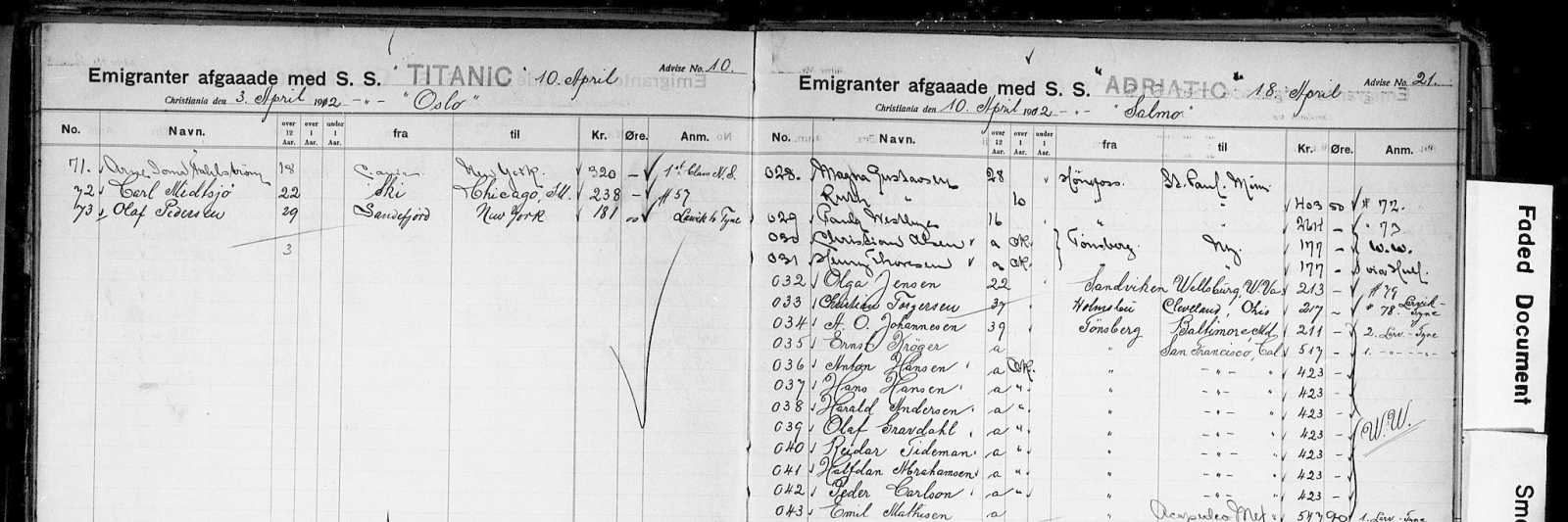 Utdrag fra emigrantliste fra White Star-linjens agent i Kristiania - med norske reisende på "Titantic". Arkivreferanse: Statsarkivet i Oslo, Privatarkiv 201, White Star-linjen, Emigrantprotokoll 4, 1906-1915.