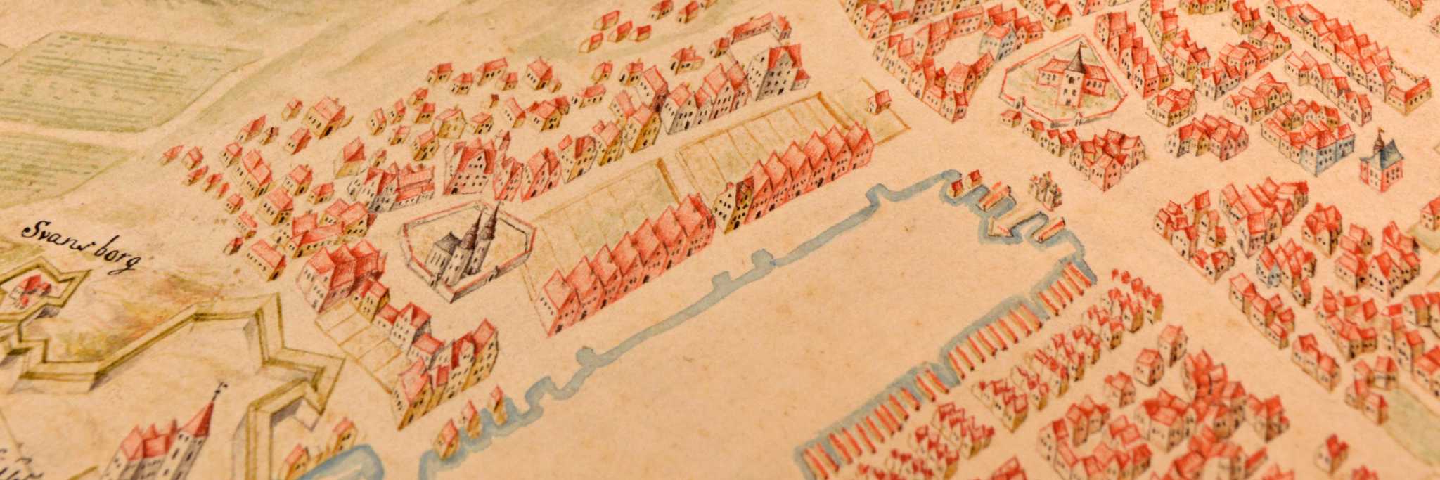 Kart over bryggen i Bergen i fugleperspektiv, ca. 1735. Riksarkivets kart- og tegningssamling, KBK 29.