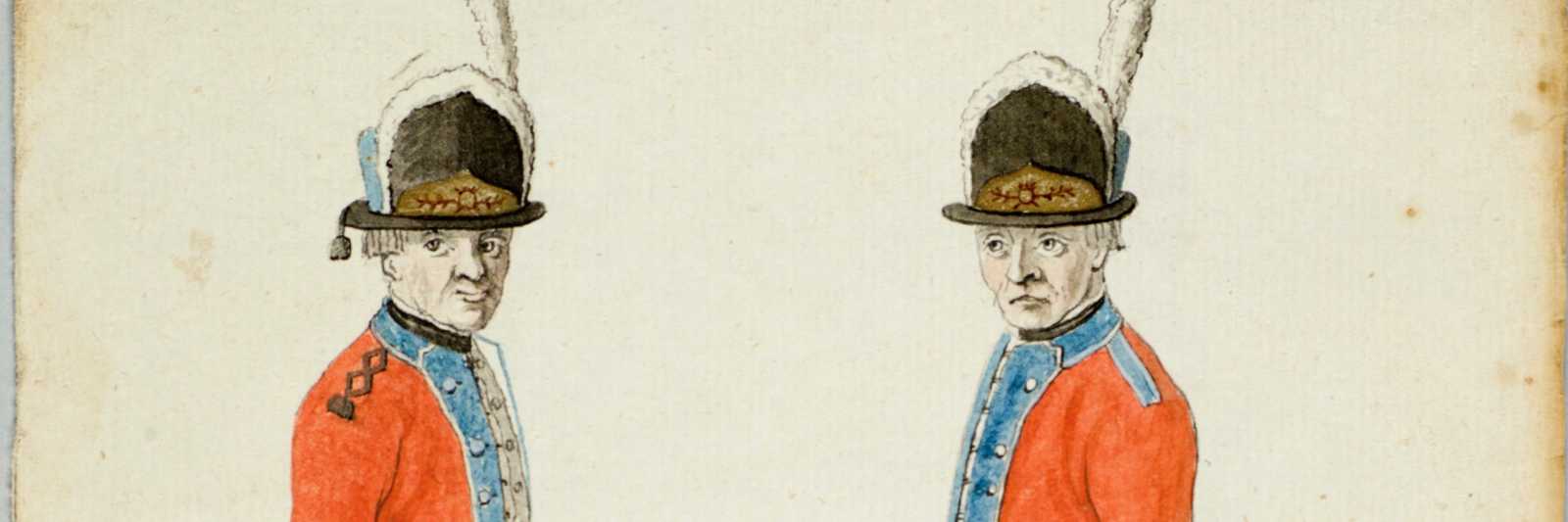 Uniform for grenaderer og musketerer, 1789. Arkivreferanse: Riksarkivets kart- og tegningssamling, EA-5930/T/T008/0015: AS 15.