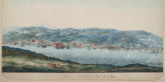 Tromsø kjøpstad, bilde fra ca. 1825 av Kirstine (Stine) Aas. Fotoarkiv: Tromsø Museum – Universitetsmuseet.
