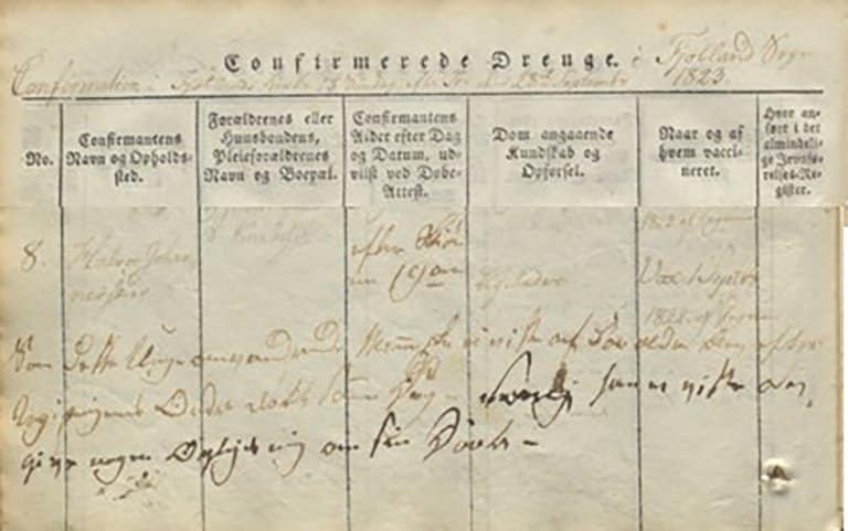 Parish register entry showing Halvor Johannessen’s confirmation in Fjotland parish, 1823.