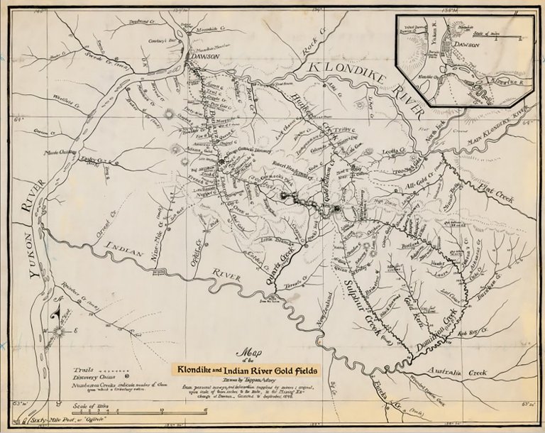 Map of the Klondike and Indian River goldfields, drawn by Tappan Adney in 1898.