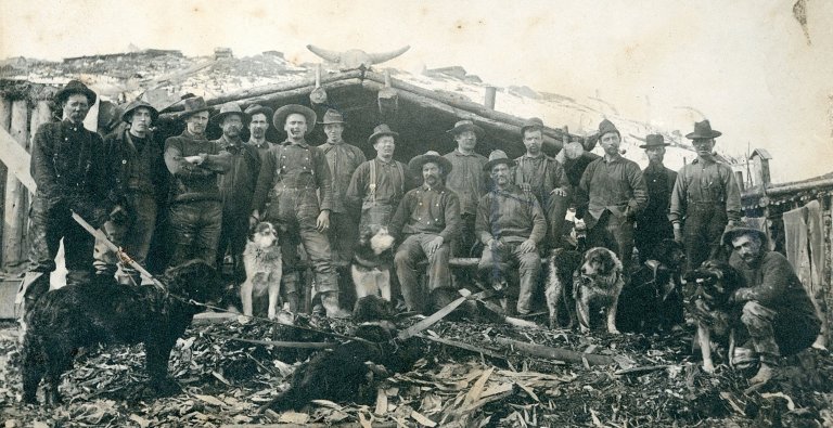 Martin Wølstad with partner and workers at their gold claim. Photographer: Asahel Curtis.
Martin is sixth from the left; Daniel is likely seated, ninth from the left.