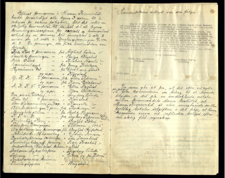 Møtereferat. Arkivet som er bevart etter aktiviteten i Hamar, har en protokoll der møtereferater er innført. Bildet viser referatet etter oppstartsmøtet 2.1.1940. Det besluttes at «Kvinnerådet» skal finansiere driften og føre sirlig regnskap, slik at kommunen kan søkes om refusjon på et senere tidspunkt. (Arkivreferanse: Statsarkivet i Hamar, ARK/86 - Kvinnenes arbeidshjelp under krig. Foto: Ivar Fjeld, Statsarkivet i Hamar). 
