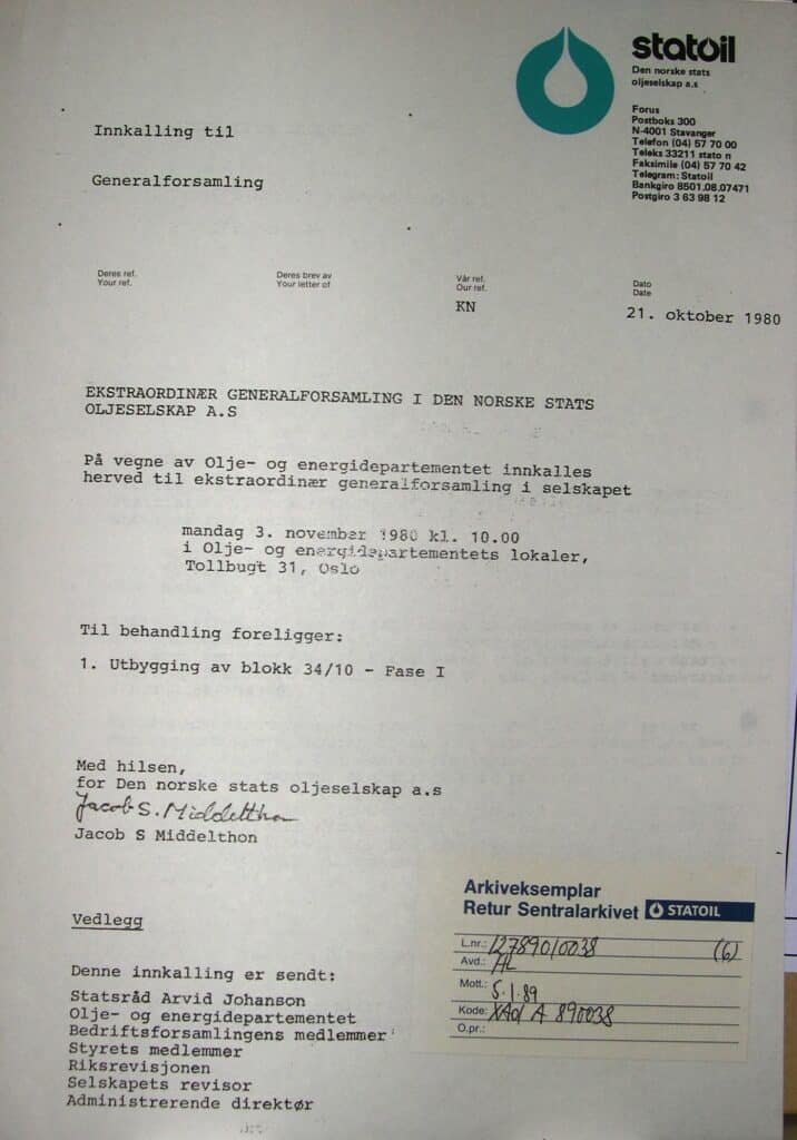 Innsatsen fra Statoil, med Arve Johnsen i spissen, lønnet seg til slutt. Den 10. Juni 1981 vedtok Stortinget med et flertall på 119 av 148 stemmer å igangsette utbyggingen. Arve Johnsen har siden uttrykt følgende: ”Jeg har aldri – i alle de årene jeg arbeidet for Statoil – følt en slik enorm glede som da jeg gikk ut fra Stortinget etter voteringen”. I oktober samme år ble utbyggingsplanen godkjent av den første Brundtlandregjeringen.