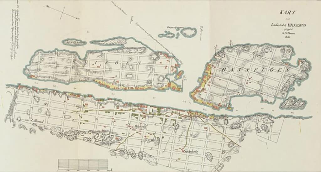 Kart over Haugesund frå 1856 av G. N. Tausan.