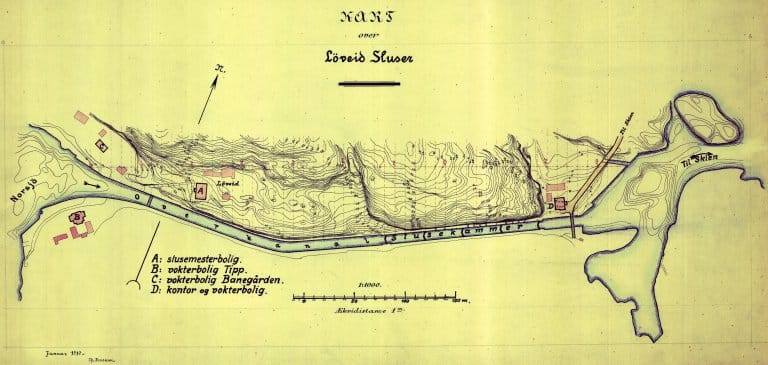 Kart over Løveid sluser, januar 1910. Last ned filen for å studere detaljene. (Se nederst i artikkelen). (Arkivreferanse: SAKO: Telemarkanalenes arkiv)
