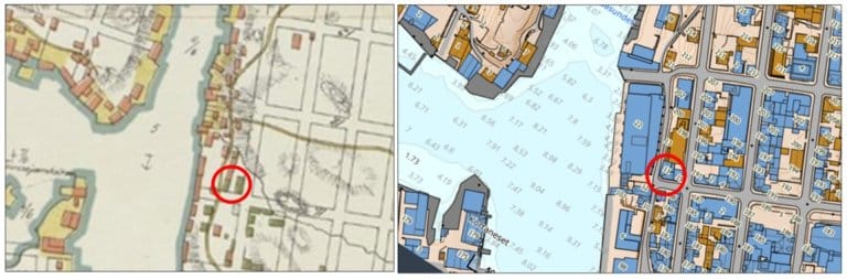 Utsnitt av kart over Haugesund frå 1856 av G. N. Tausan (til venstre) og kartutsnitt av Haugesund frå 2020 med område der Theodora vaks opp markert (til høgre).