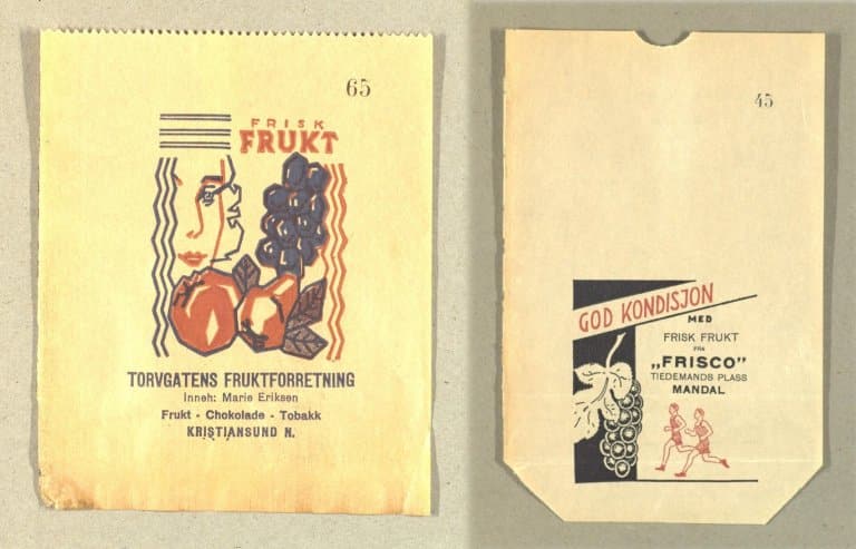 Kiosker. Frem til 1970- og 80-tallet hadde de fleste byer flere såkalte frukt- og tobakkskiosker. Til disse kioskene lagde AS Mandal papirindustrier forskjellige typer papirposer ofte beregnet for frukt. De to avbildede posene er trolig fra 1940- eller 50-tallet, og er preget av tidens design- og reklameuttrykk. Posen fra Torvgatens fruktforretning i Kristiansund har collagepregede elementer med kraftige konturlinjer og tilsiktet upresis fargelegging, mens posen til kiosken «Frisco» i Mandal fremhever fart, sunnhet og kondisjon. Det var nok heller ikke tilfeldig at kiosken hadde samme navn som et av tidens mest populære sigarettmerker. (Arkivreferanse: Statsarkivet i Kristiansand, Privatarkiv dep.nr. 1485 A/S Mandals papirindustri, W-0075, -0076, -0077 Posetrykk).