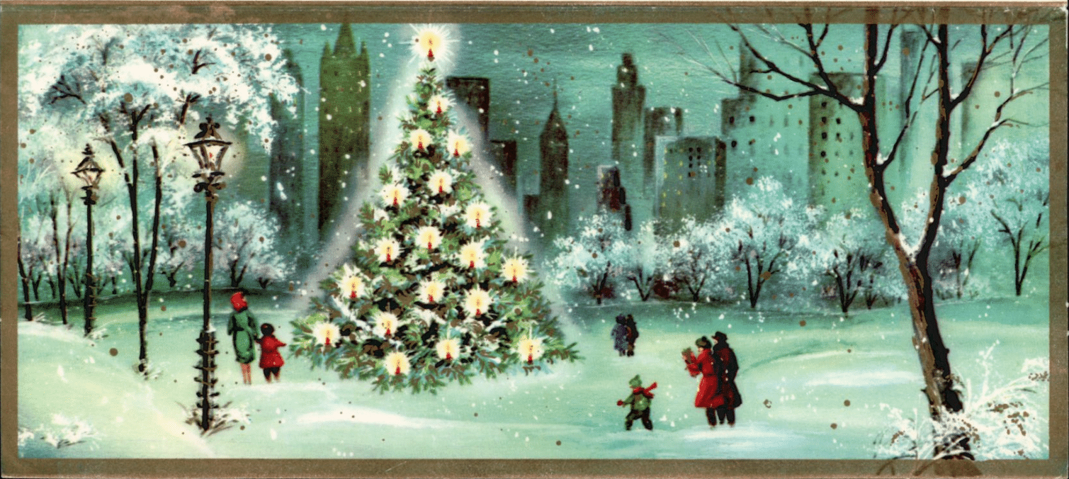 Illustrasjon av eit julepynta grantre i ein snødekt park, med menneske rundt og ein by i bakgrunnen.