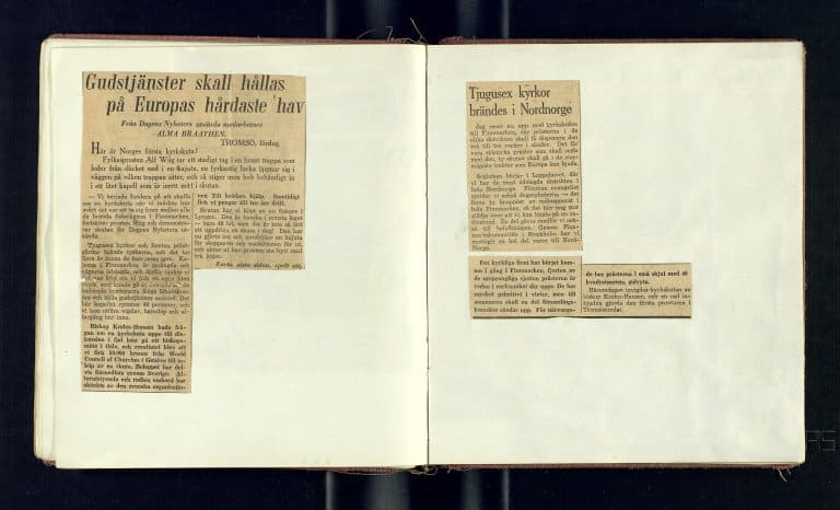 Internasjonal pressedekning. Det vakte stor oppsikt da den seilende kirken ble vigslet. Her er et oppslag fra den svenske avisen Dagens Nyheter 21. april 1946 som fokuserte på at det skulle holdes gudstjenester på Europas hardeste hav. (SATØ S-1512: Arkivet Biskopen i Nord-Hålogaland, Lpnr. 563, Statsarkivet i Tromsø.)
