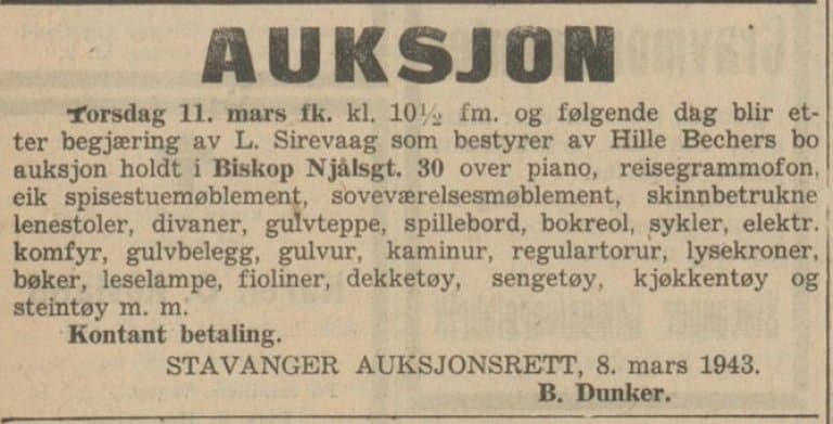 Annonse i avisen Rogaland 10. mars 1943 om auksjon over familien Beckers innbo.