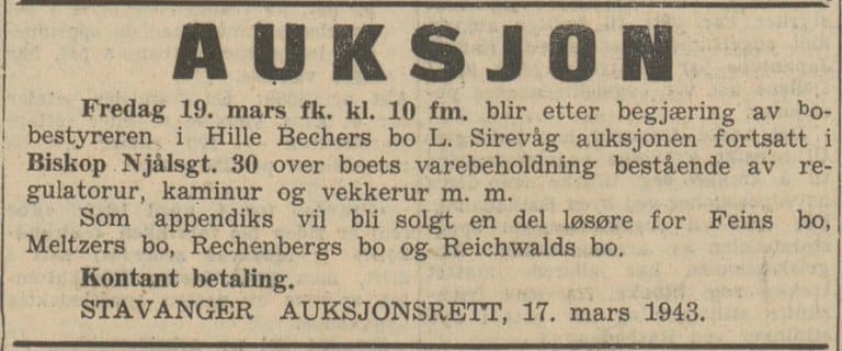 Avisannonse fra 18. mars 1943 som kunngjør auksjonen 19. mars over varebeholdningen i Hille Beckers bo, samt løsøre fra Feins, Melzers, Rechenbergs og Reichwalds bo.
