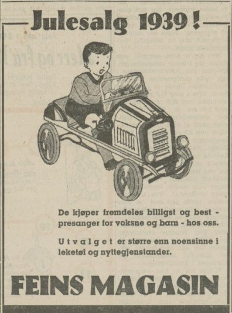 Avisannonse for julesalg i 1939 fra Fein’s Magasin, med tilbud om presanger, leker og nyttegjenstander.