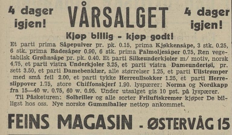Avisannonse for vårsalg der Fein’s Magasin blant annet reklamerer for ulike typer såpe og varer som undertøy, ullsokker, gummiballer og solbriller.