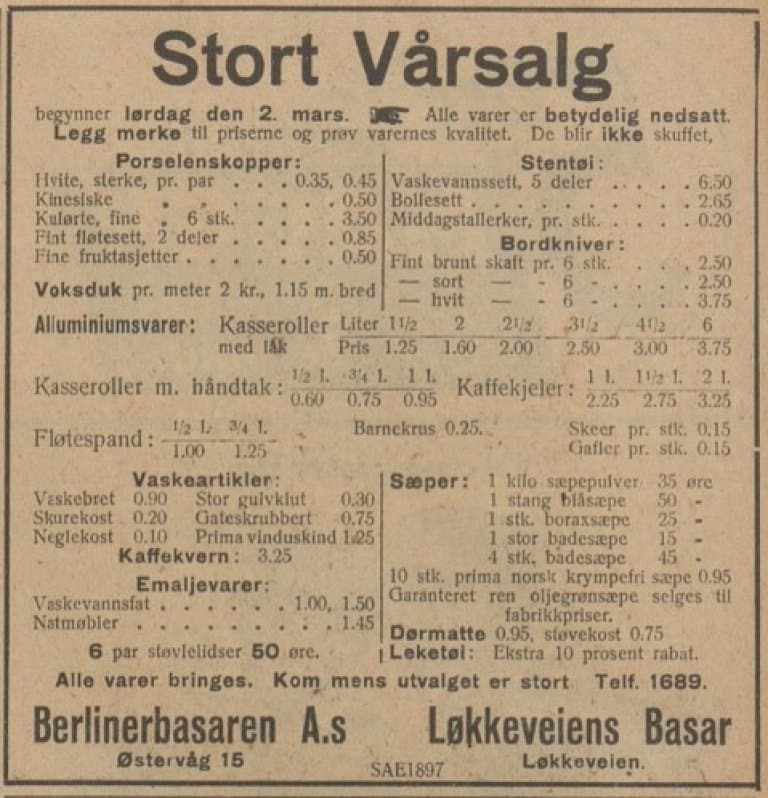 Avisannonse for stort vårsalg ved Berlinerbasaren A/S i Østervåg og Løkkeveiens basar, med generell reklame for varer.