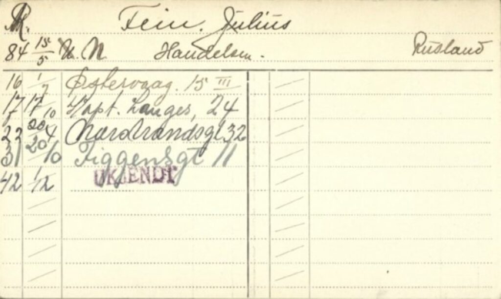 Navnekort fra Stavanger folkeregister for Julius Fein, med opplysninger om adressehistorikk og endring av statsborgerskap fra «u» (utlending) til «n» (norsk). Arkivreferanse: SAST/A‑100160/K/Ka/Kaa/L0088.
