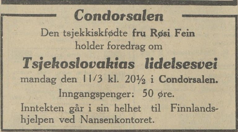 Avisoppslag med kunngjøring om foredrag av Rösi Fein om Tsjekkoslovakias situasjon («lidelsesvei»), med inntektene øremerket Finlandshjelpen via Nansenkontoret.