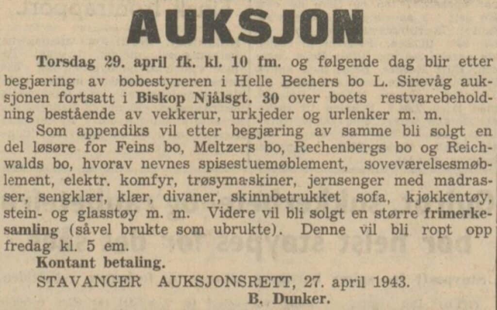 En faksimile fra Rogaland 28. april viser at flere typer ur og urdeler skulle ropes opp, samt møbler, tekstiler, kjøkkenutstyr og annet løsøre fra de øvrige boene. Annonsen nevner også en større frimerkesamling.