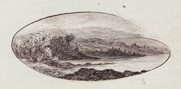 Boyes tegning av et landskap i en klassejournal fra 1860-1870.