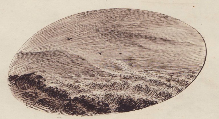 Boyes tegning av et landskap med tre fugler i luften i en klassejournal fra 1860-1870.