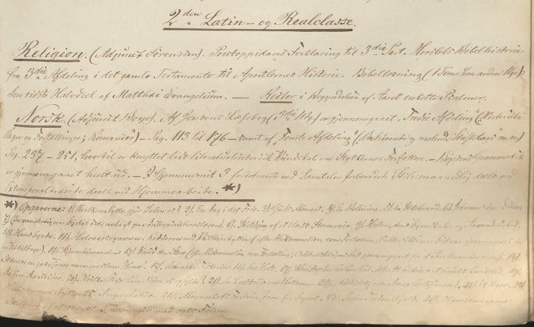 Utsnitt fra forhandlingsprotokollen for 1858 som viser pensum i religion og norsk for 2. latin- og realklasse i 1862/63, samt navnene på lærerne som underviste i fagene.