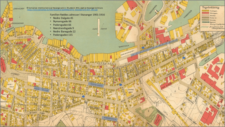 Kartutsnitt som viser familiens ulike adresser i Stavanger øst.