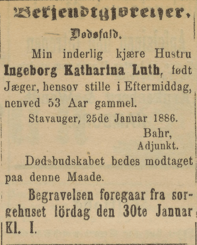 Dødsannonse i Stavangeren 29. januar 1886 for Ingeborg Katharina Luth, født Jæger, ektefellen til adjunkt Bahr.
