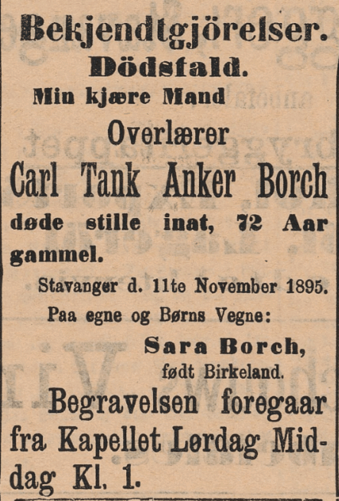Utsnitt fra Stavanger Amtstidende og Adresseavis 15. november 1895 med dødsannonsen for overlærer Karl Tank Anker Borch.
