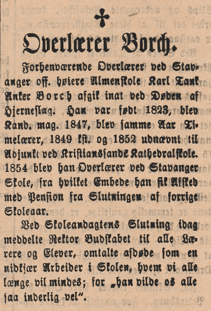 Utsnitt fra Stavanger Amtstidende og Adresseavis 11. november 1895 med meldingen om overlærer Karl Tank Anker Borchs død.