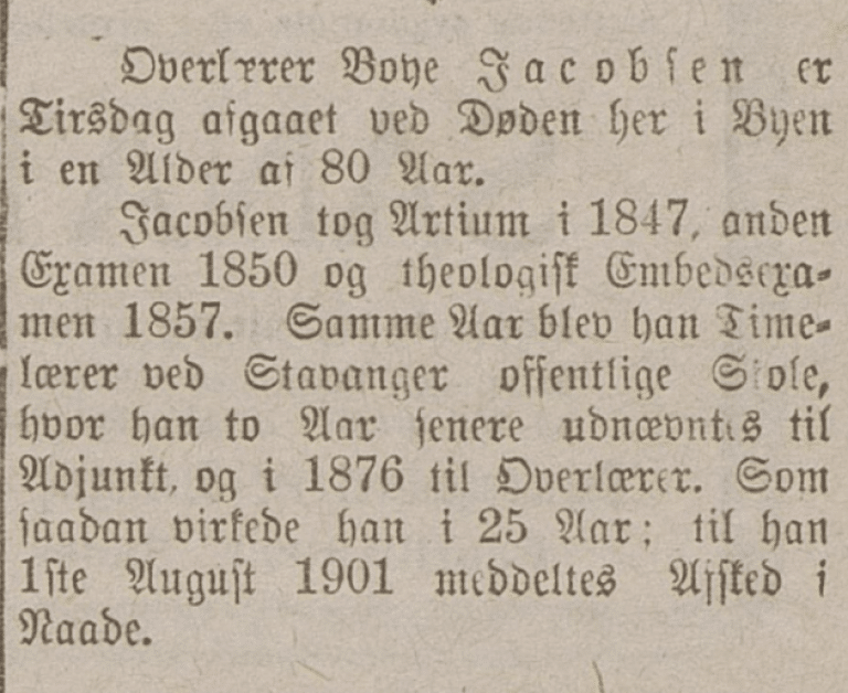 Utsnitt fra Dagens Nytt 5. mars 1908 med dødsnotisen om overlærer Boye Jacobsen.
