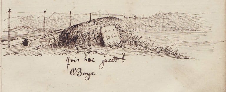 Utsnitt fra en klassejournal fra 1866 med en tegning der adjunkt Caspar Christian Boye humoristisk har «gravlagt» året som har gått og signert illustrasjonen.
