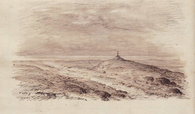 Boyes tegning av et landskap ved havet i en klassejournal fra 1860-1870.