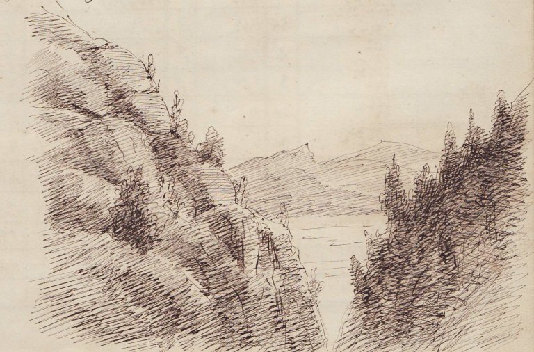 Boyes tegning av et fjellandskap ved en klassejournal fra 1860-1870.
